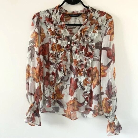 Zara Women’s Blouse Fall Leaf Ruffle Long Sleeve Peasant Flutter Sleeve Sheer M - Picture 5 of 16